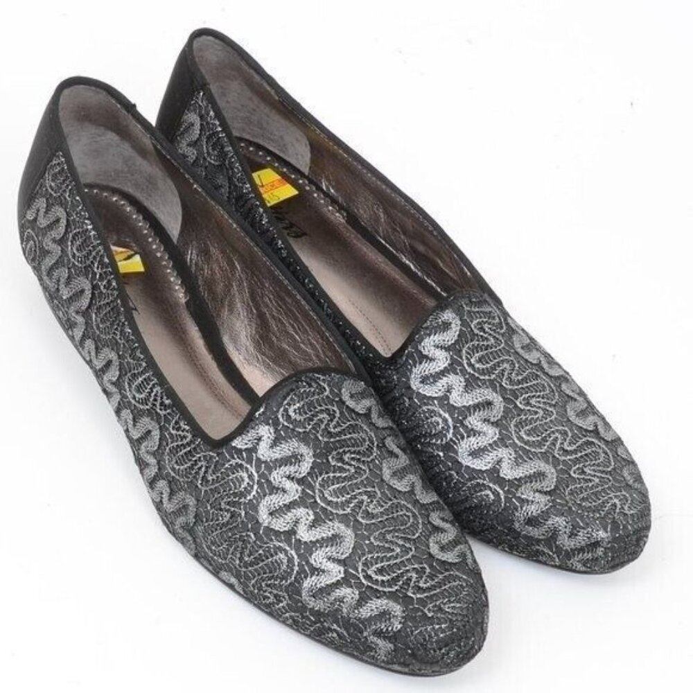 Trotters Liz Women's 9N Leather Woven Metallic Black Grey Slip On Loafer Office